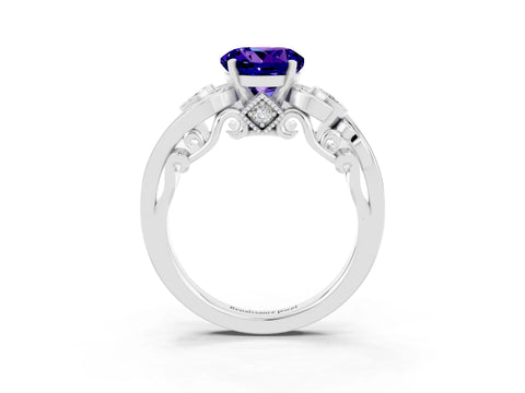 White gold Round Cut Tanzanite Solitaire Ring with Milgrain Pavé Band and Four-Prong Setting_51