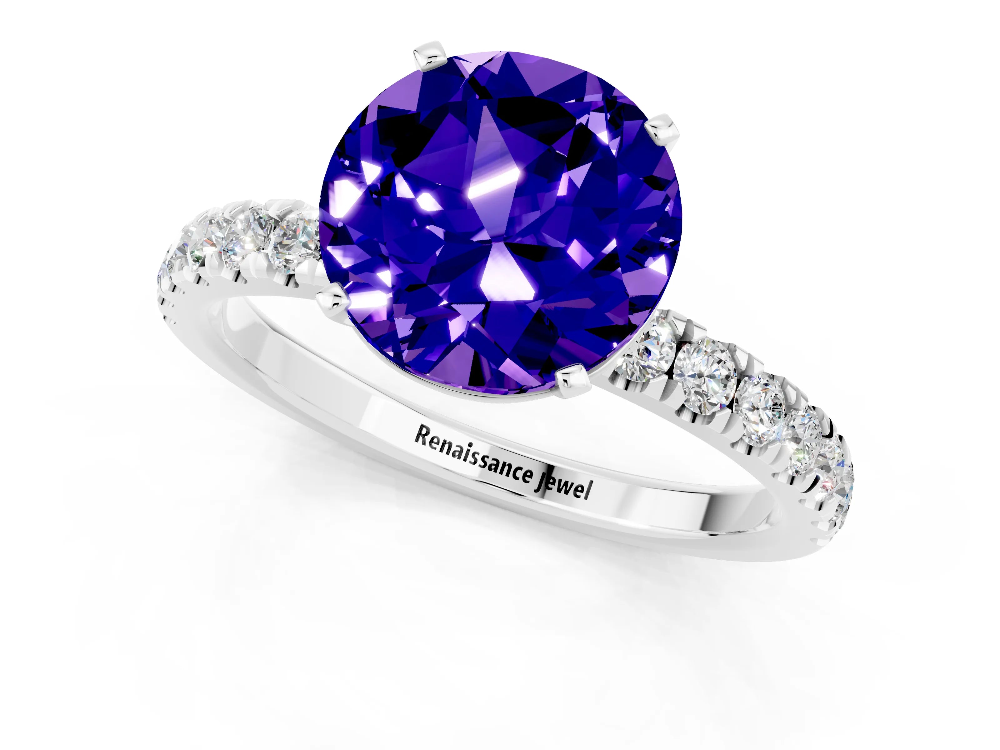 White gold Round Cut Tanzanite Solitaire Ring with Pavé Accents and Four-Prong Setting_1