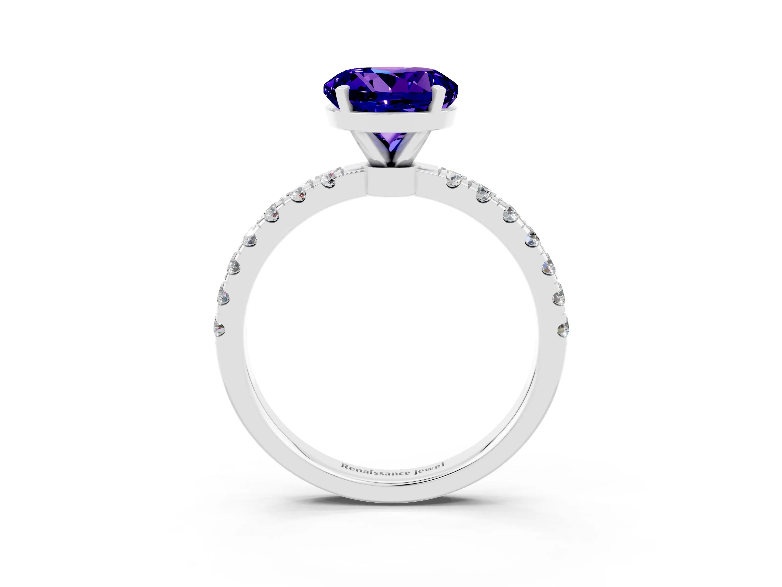 White gold Round Cut Tanzanite Solitaire Ring with Pavé Accents and Four-Prong Setting_3