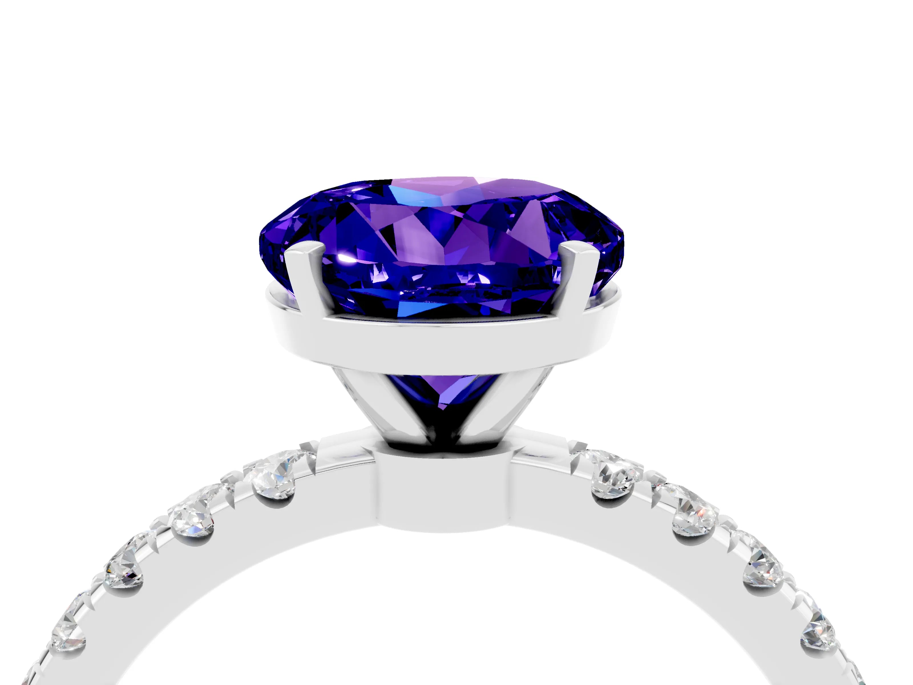 White gold Round Cut Tanzanite Solitaire Ring with Pavé Accents and Four-Prong Setting_4