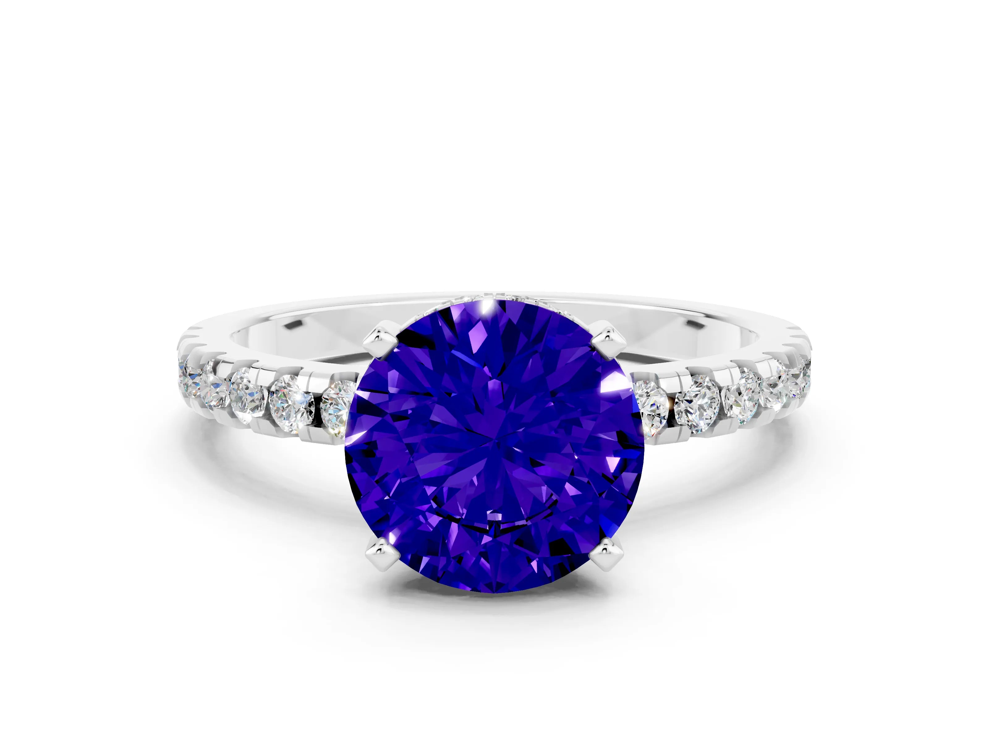 White gold Round Cut Tanzanite Solitaire Ring with Pavé Band and Four-Prong Setting_24