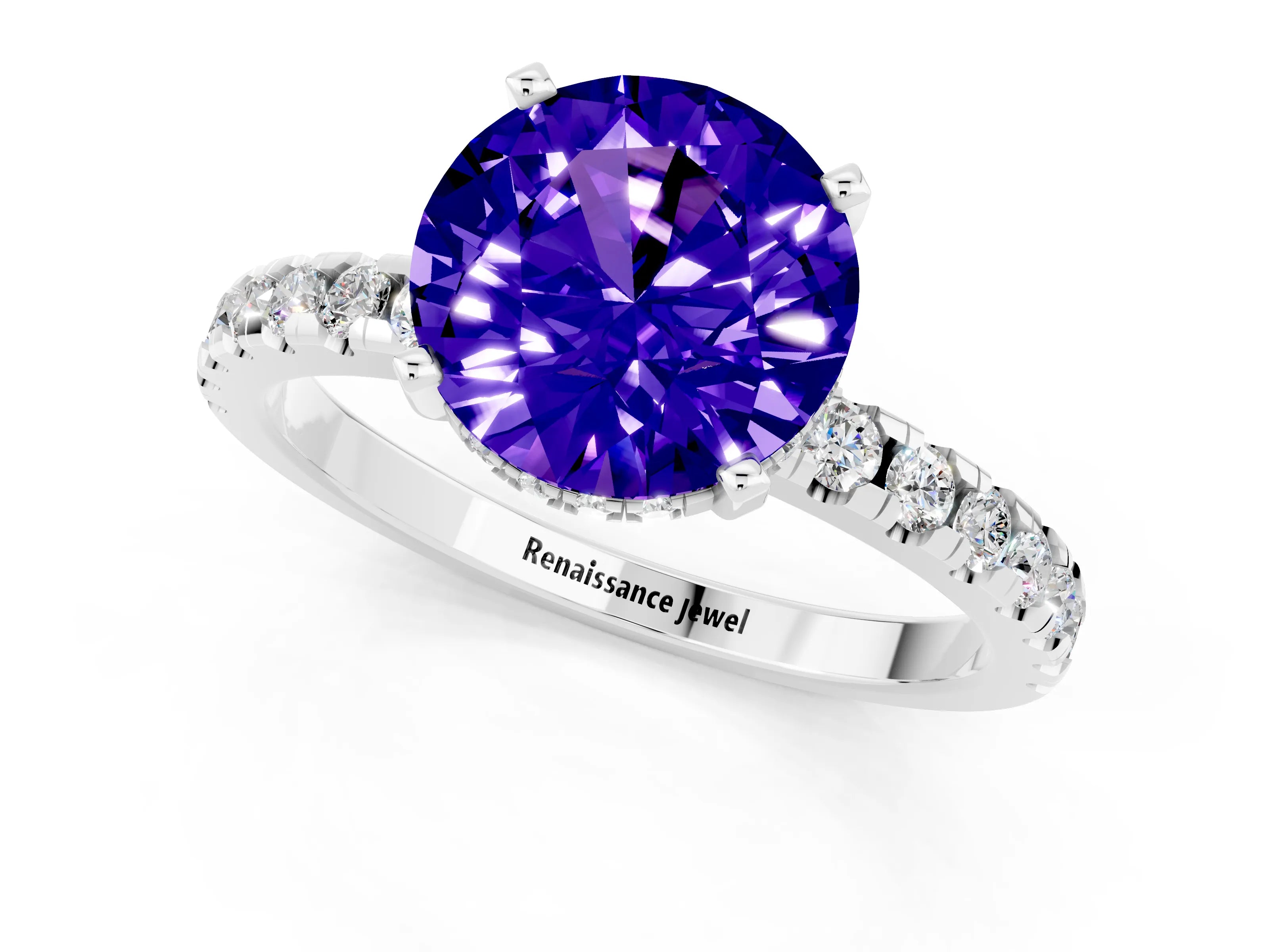 White gold Round Cut Tanzanite Solitaire Ring with Pavé Band and Four-Prong Setting_25