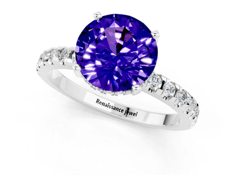 White gold Round Cut Tanzanite Solitaire Ring with Pavé Band and Four-Prong Setting_25