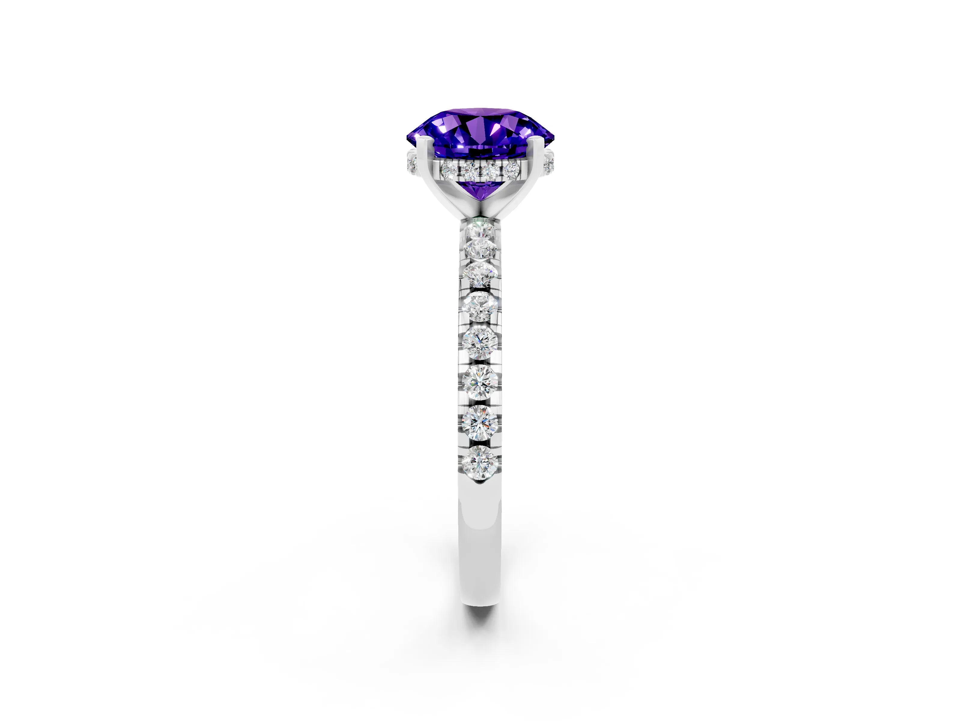 White gold Round Cut Tanzanite Solitaire Ring with Pavé Band and Four-Prong Setting_26