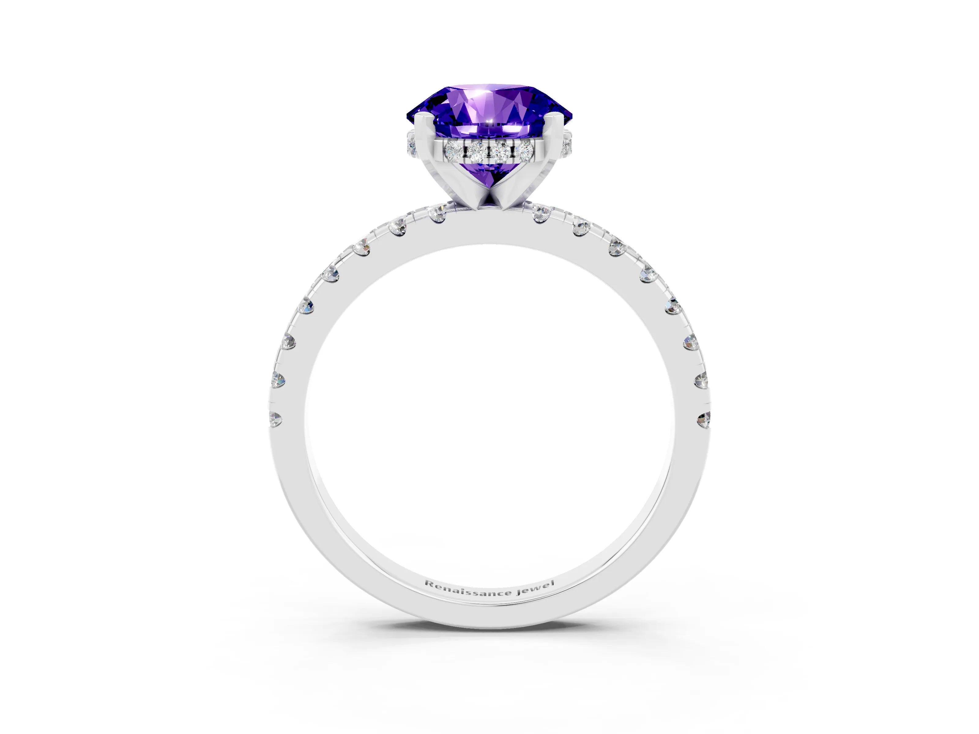 White gold Round Cut Tanzanite Solitaire Ring with Pavé Band and Four-Prong Setting_27