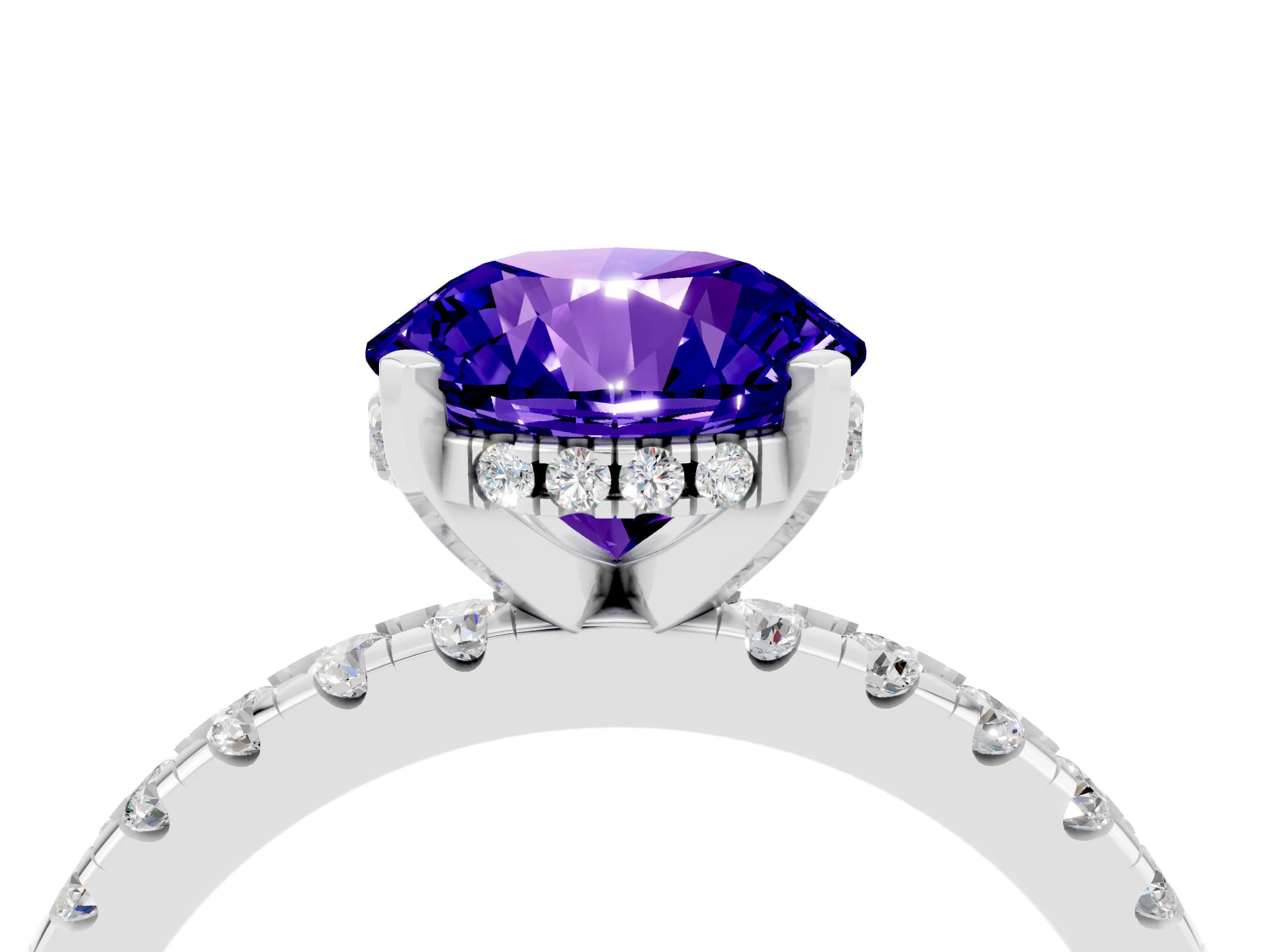 White gold Round Cut Tanzanite Solitaire Ring with Pavé Band and Four-Prong Setting_28