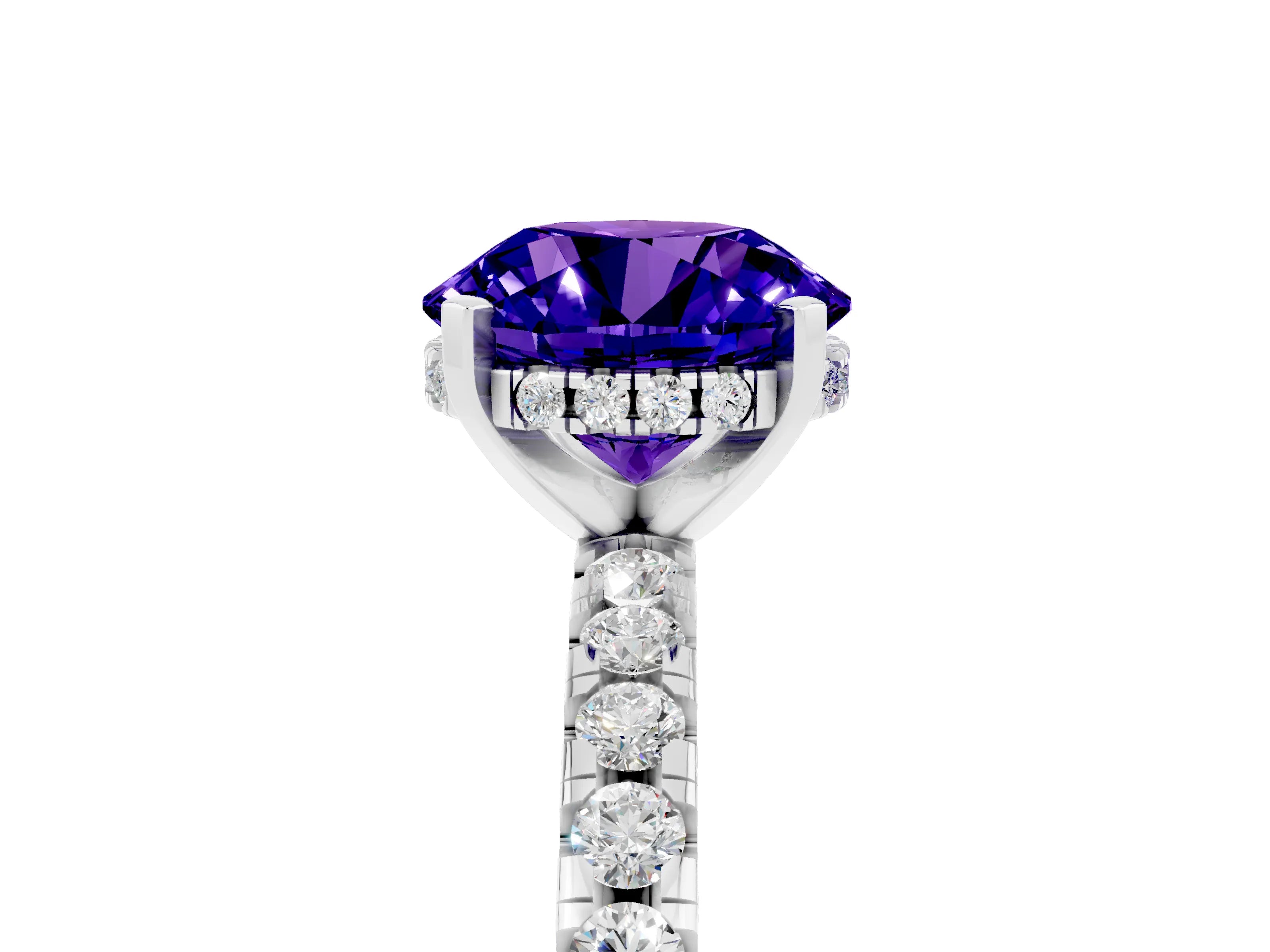 White gold Round Cut Tanzanite Solitaire Ring with Pavé Band and Four-Prong Setting_29