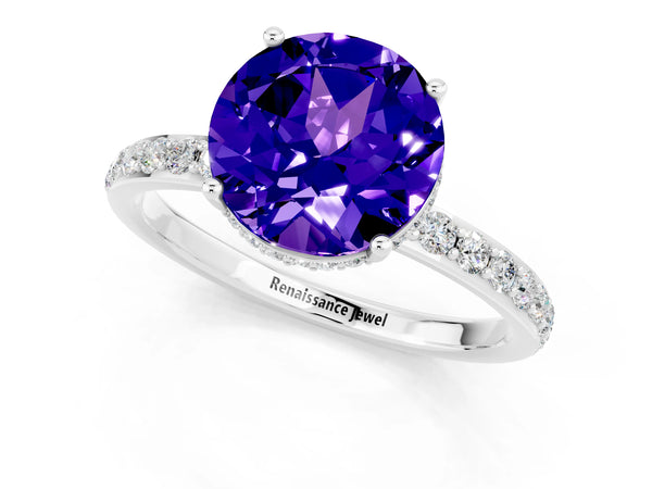 Silver Round Cut Tanzanite Solitaire Ring with Pavé Band and Hidden Halo
