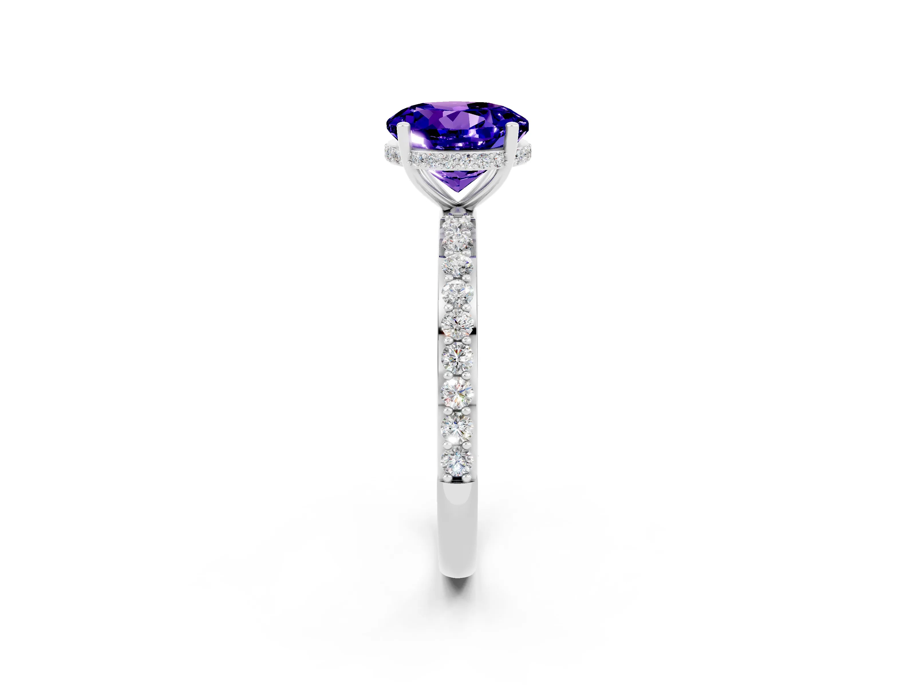 White gold Round Cut Tanzanite Solitaire Ring with Pavé Band and Hidden Halo_2