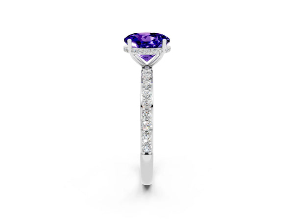 White gold Round Cut Tanzanite Solitaire Ring with Pavé Band and Hidden Halo