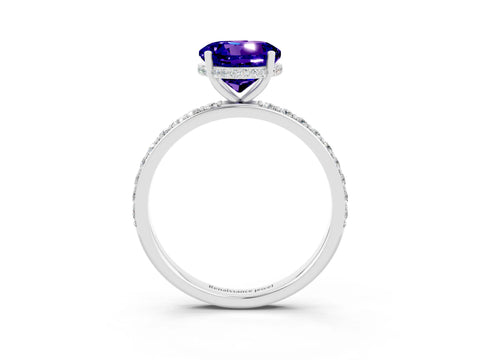 White gold Round Cut Tanzanite Solitaire Ring with Pavé Band and Hidden Halo_27