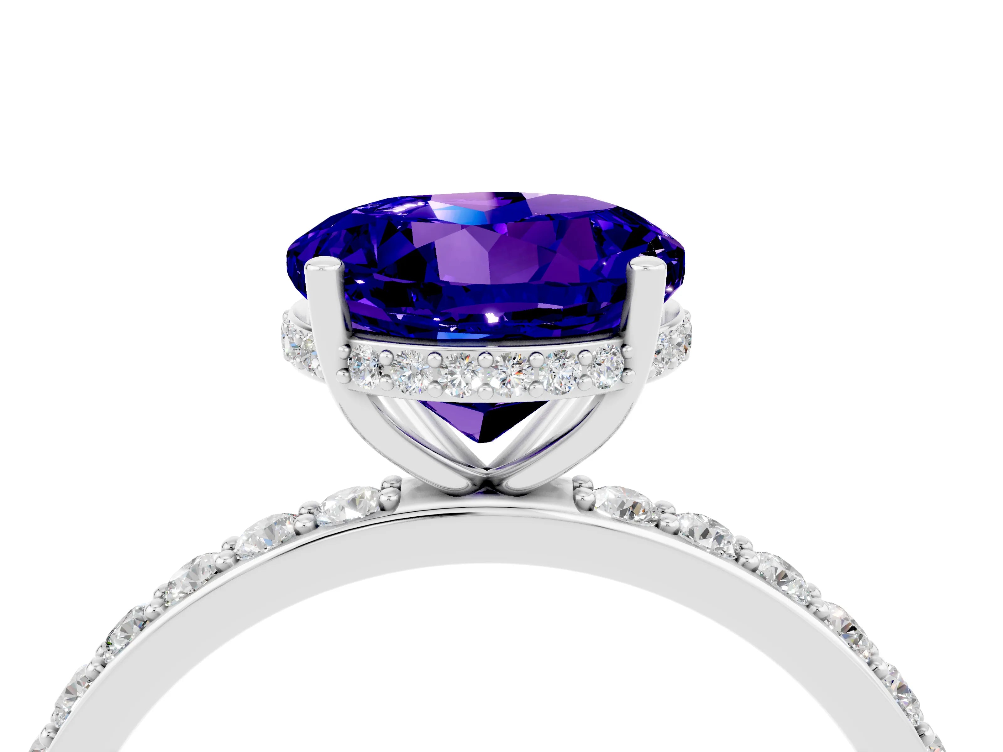 White gold Round Cut Tanzanite Solitaire Ring with Pavé Band and Hidden Halo_28
