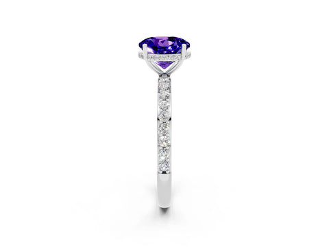 White gold Round Cut Tanzanite Solitaire Ring with Pavé Band and Hidden Halo_2