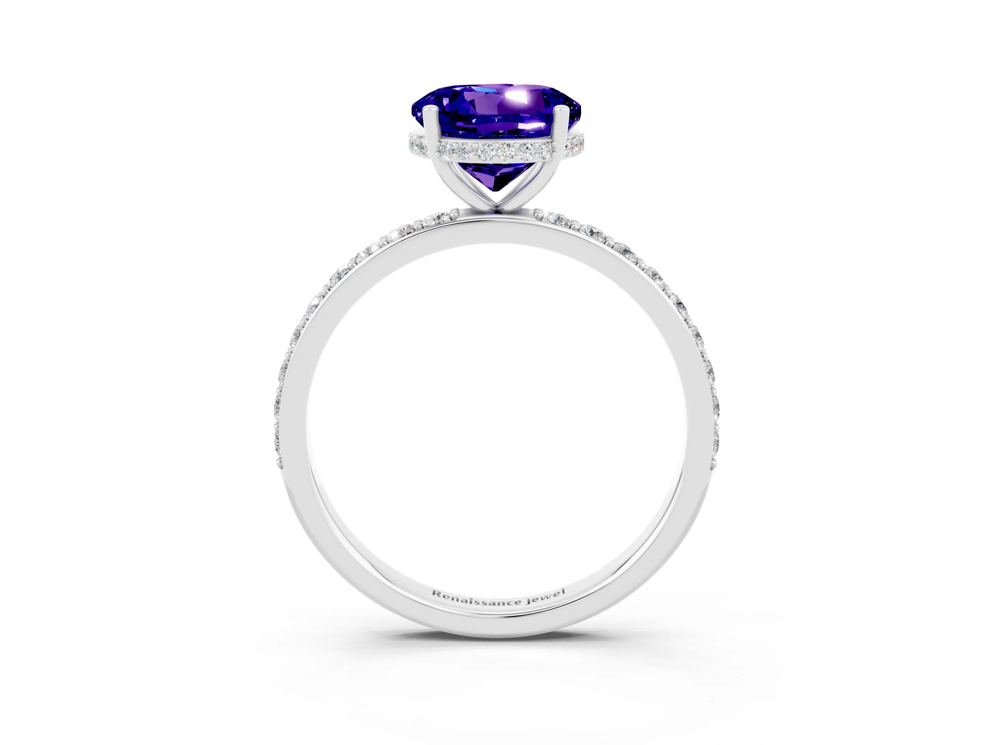 White gold Round Cut Tanzanite Solitaire Ring with Pavé Band and Hidden Halo_3