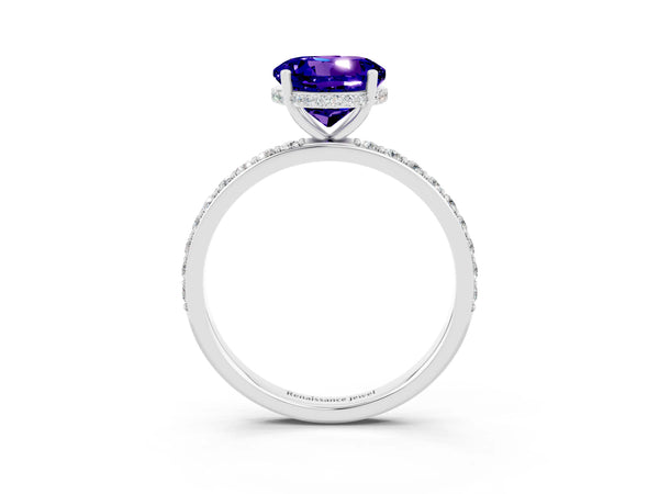 Silver Round Cut Tanzanite Solitaire Ring with Pavé Band and Hidden Halo
