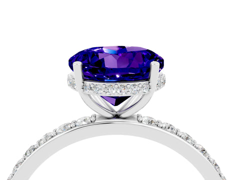 White gold Round Cut Tanzanite Solitaire Ring with Pavé Band and Hidden Halo_4