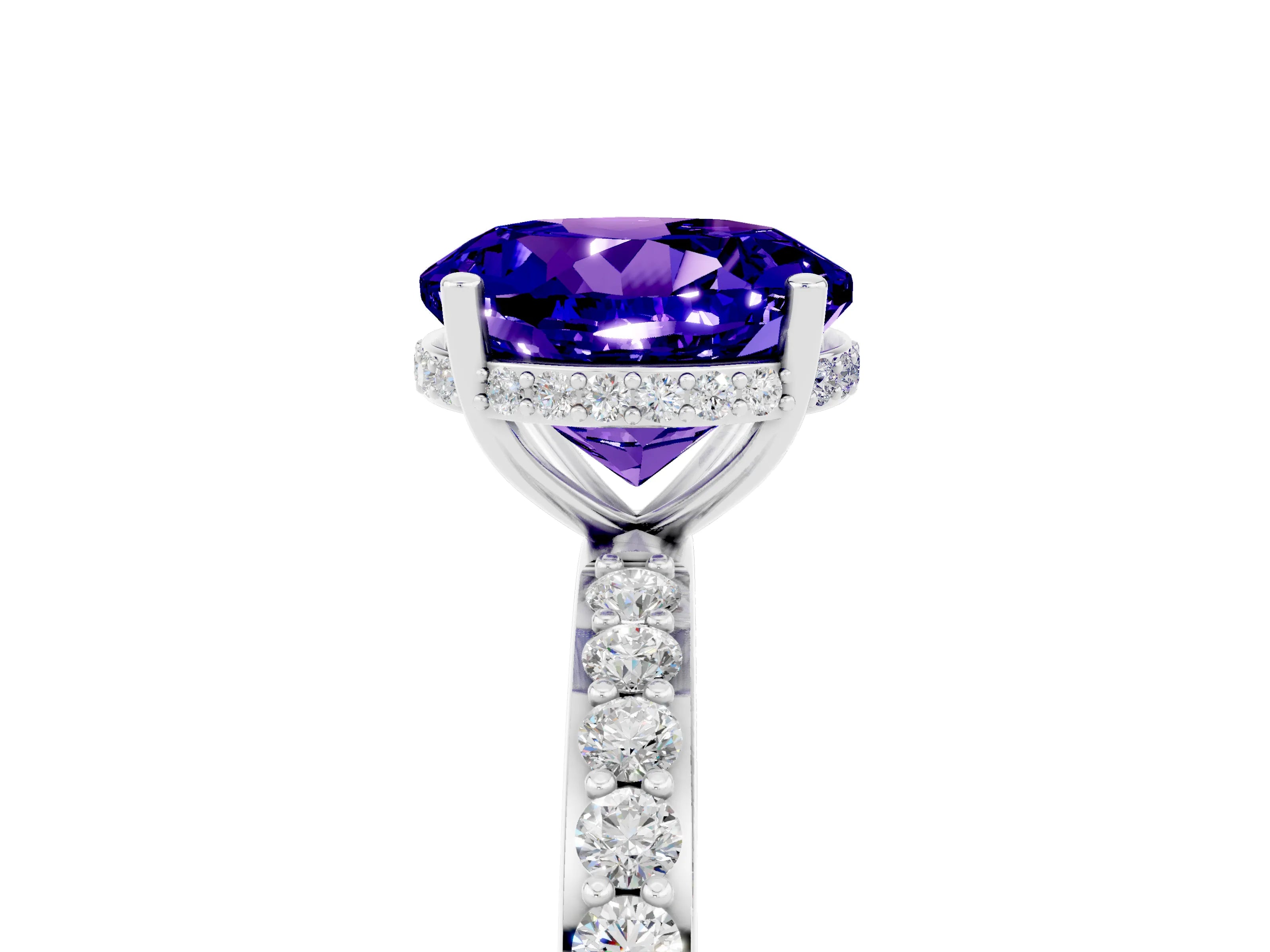 White gold Round Cut Tanzanite Solitaire Ring with Pavé Band and Hidden Halo_5