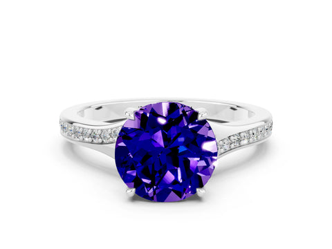 White gold Round Cut Tanzanite Solitaire Ring with Pavé Band and Prong Setting_12