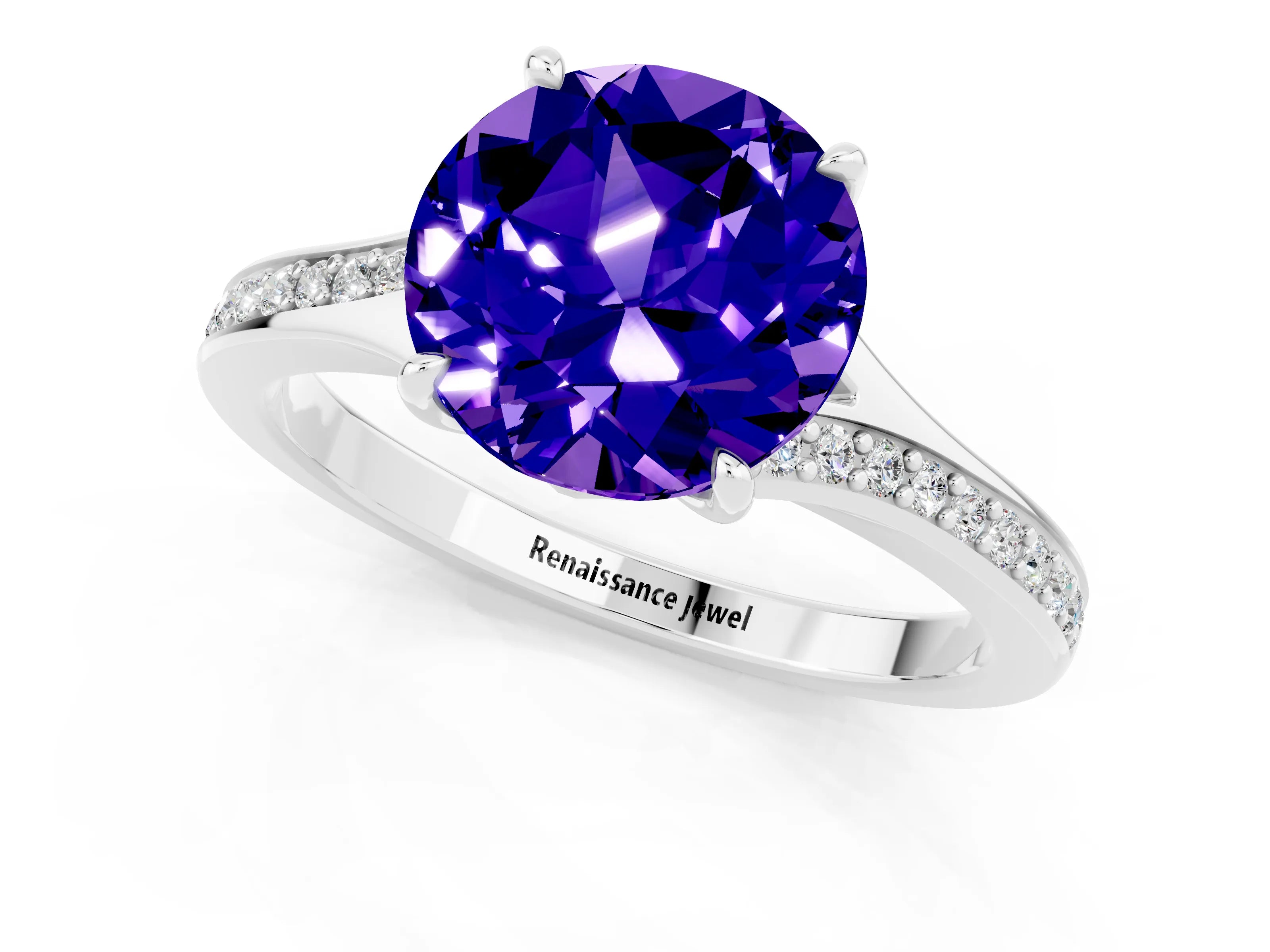 White gold Round Cut Tanzanite Solitaire Ring with Pavé Band and Prong Setting_13