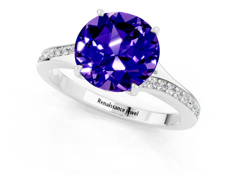White gold Round Cut Tanzanite Solitaire Ring with Pavé Band and Prong Setting_13