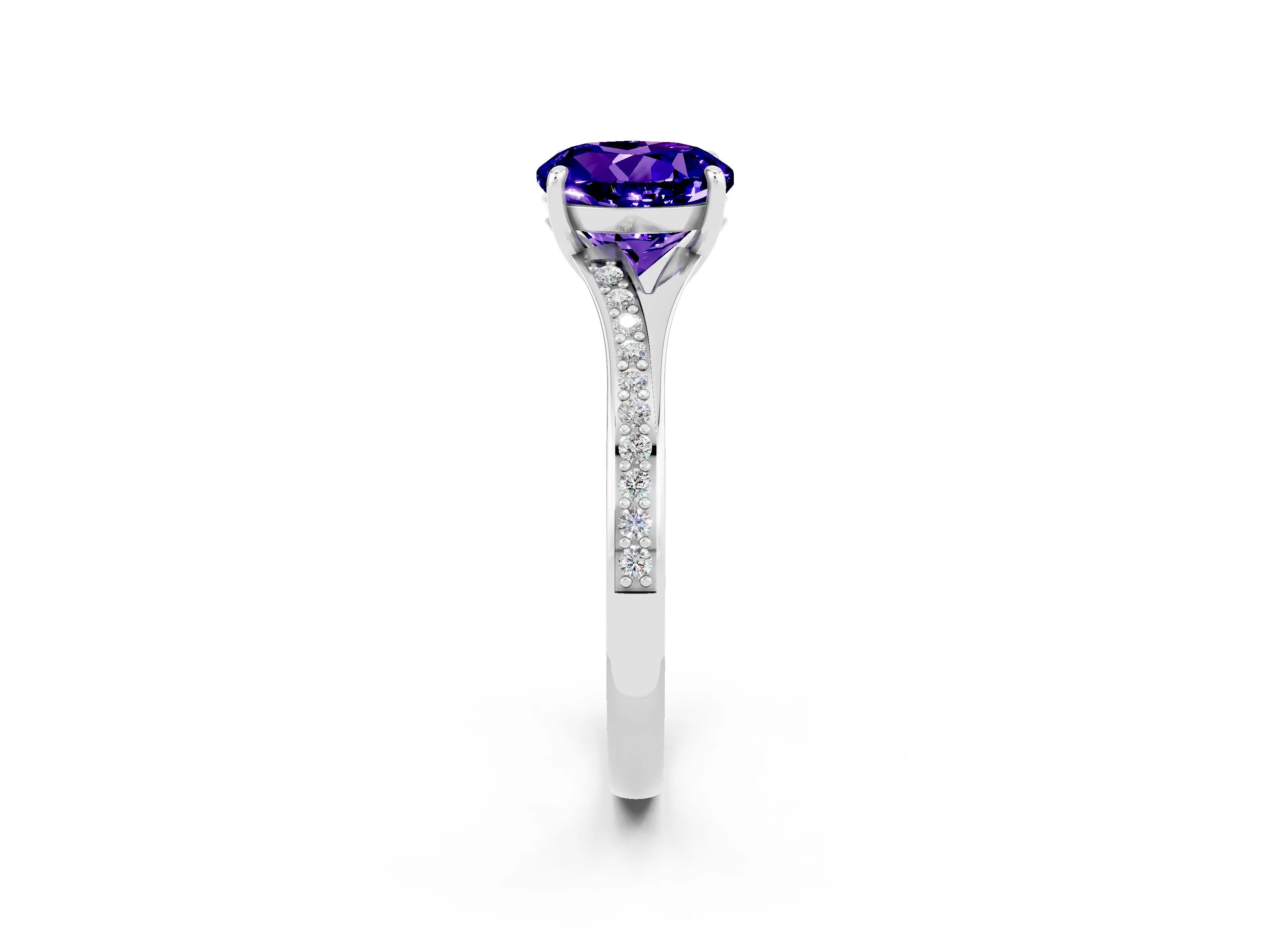 White gold Round Cut Tanzanite Solitaire Ring with Pavé Band and Prong Setting_14