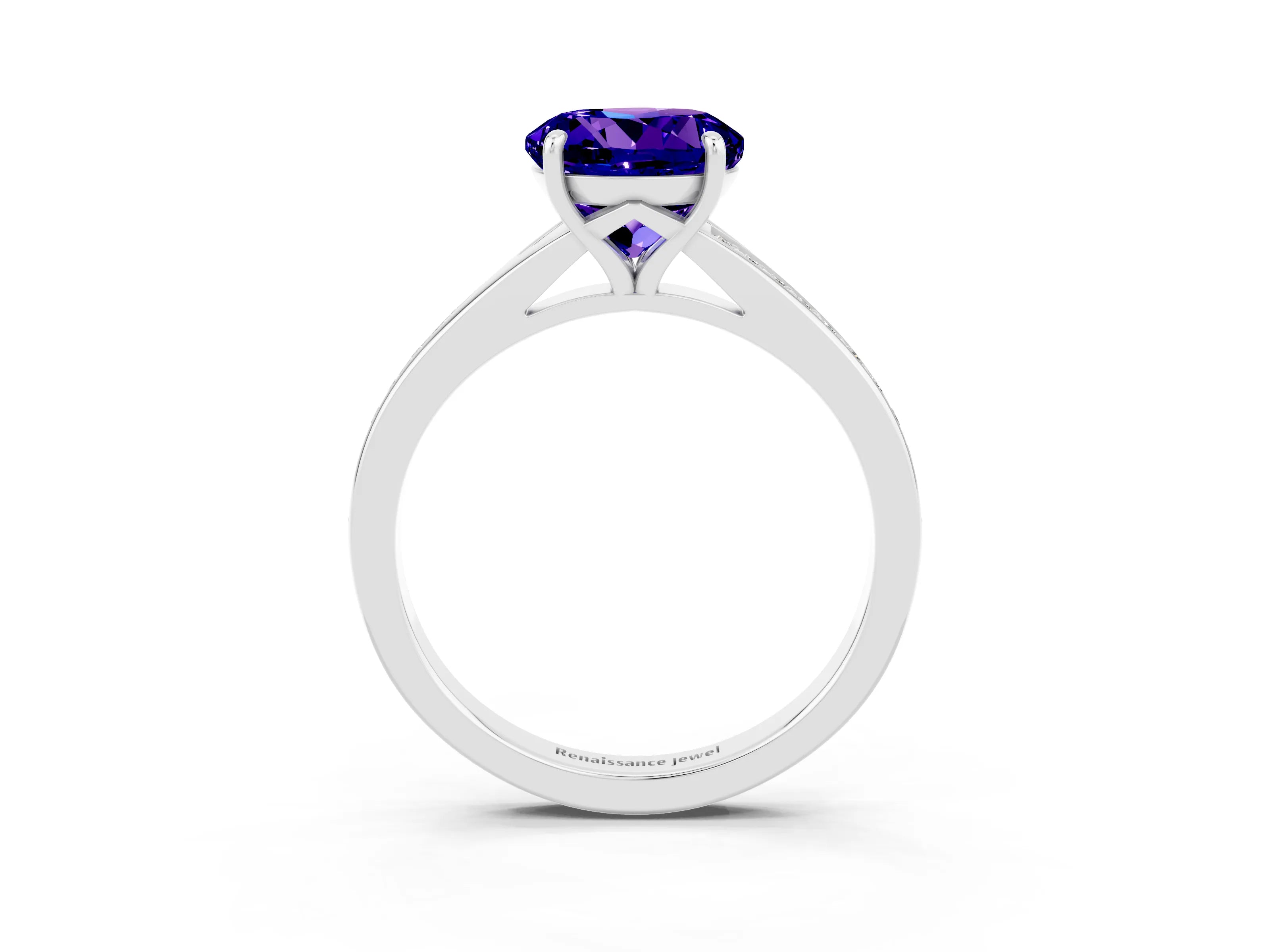 White gold Round Cut Tanzanite Solitaire Ring with Pavé Band and Prong Setting_15