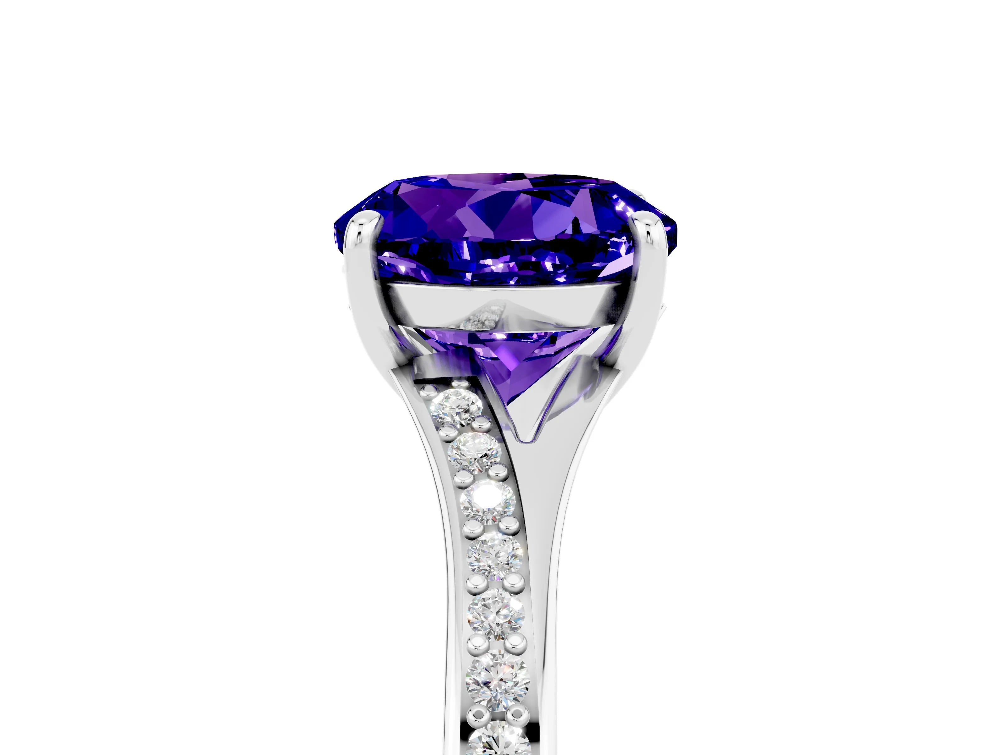 White gold Round Cut Tanzanite Solitaire Ring with Pavé Band and Prong Setting_17