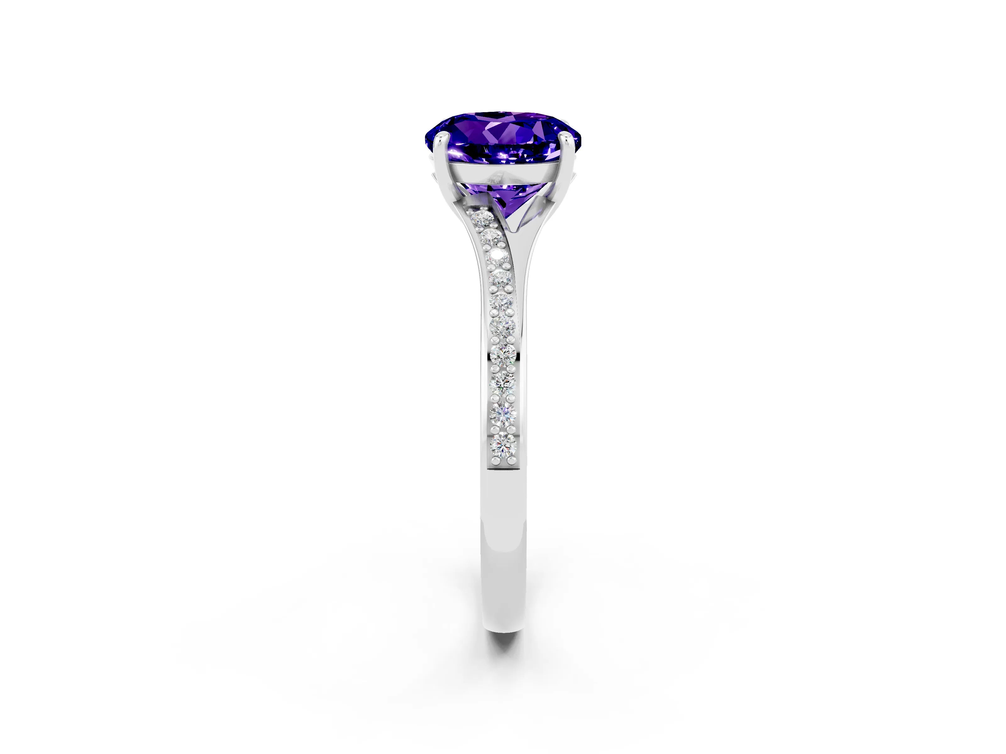 White gold Round Cut Tanzanite Solitaire Ring with Pavé Band and Prong Setting_2