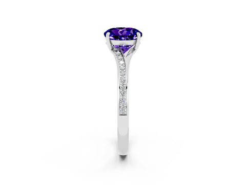 White gold Round Cut Tanzanite Solitaire Ring with Pavé Band and Prong Setting_2