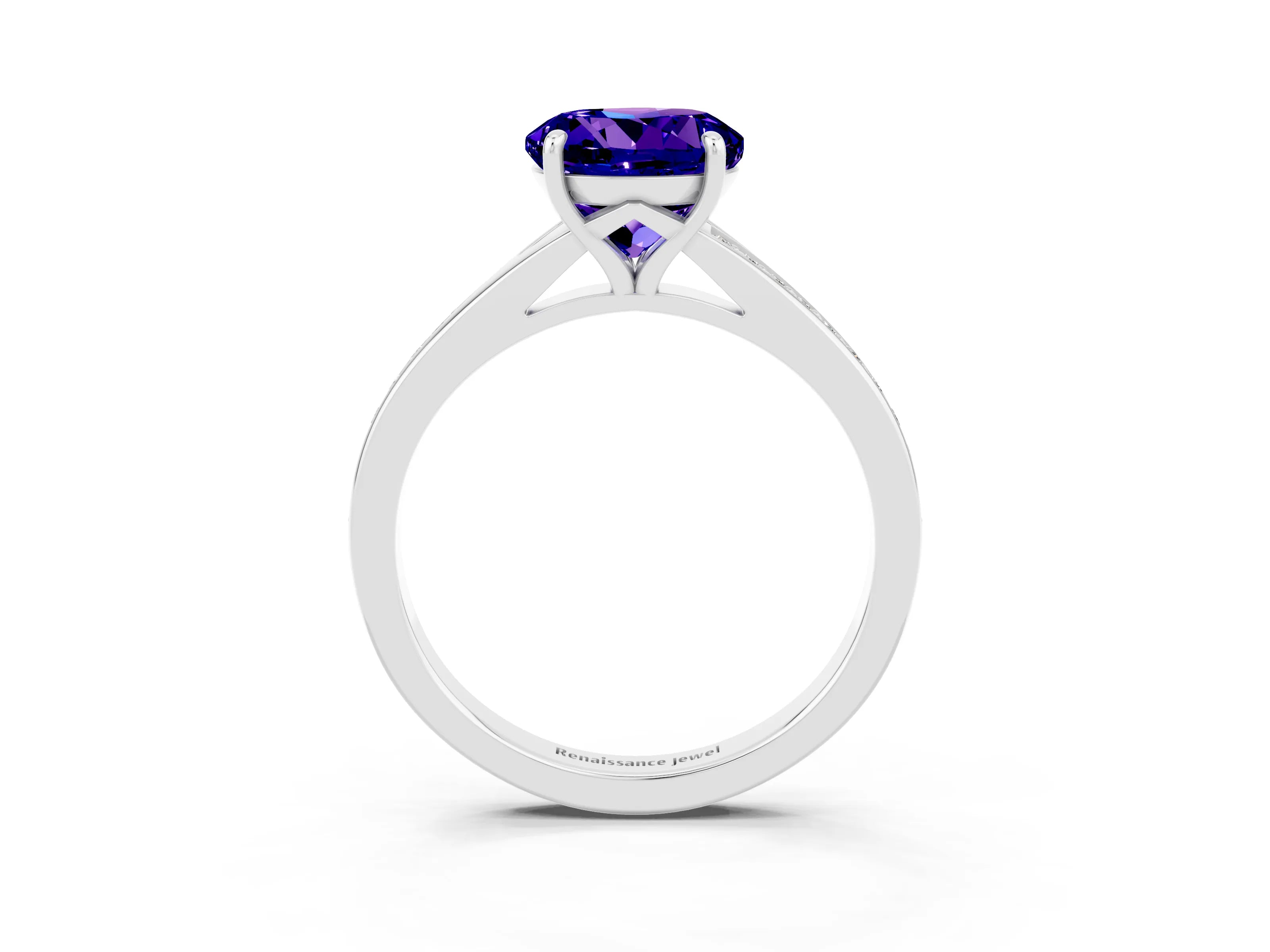 White gold Round Cut Tanzanite Solitaire Ring with Pavé Band and Prong Setting_3