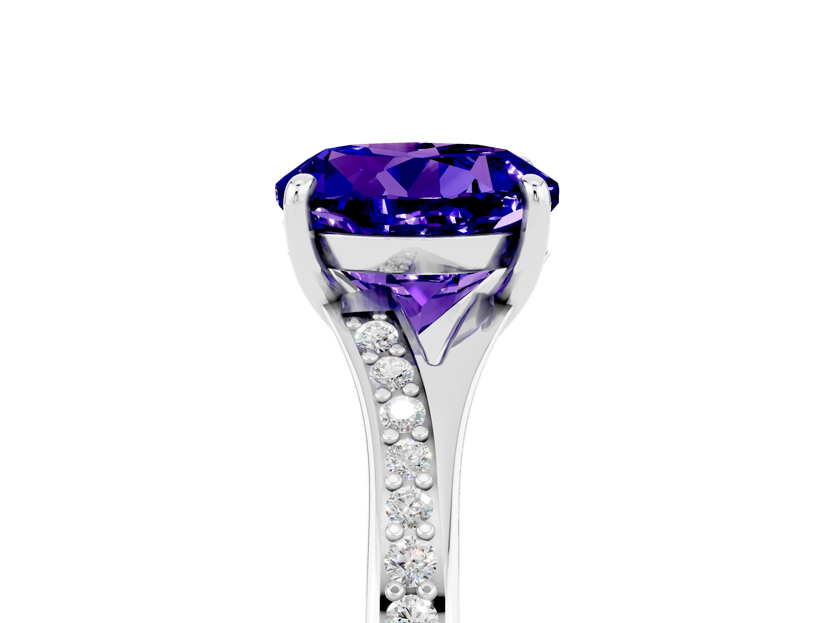 White gold Round Cut Tanzanite Solitaire Ring with Pavé Band and Prong Setting_5
