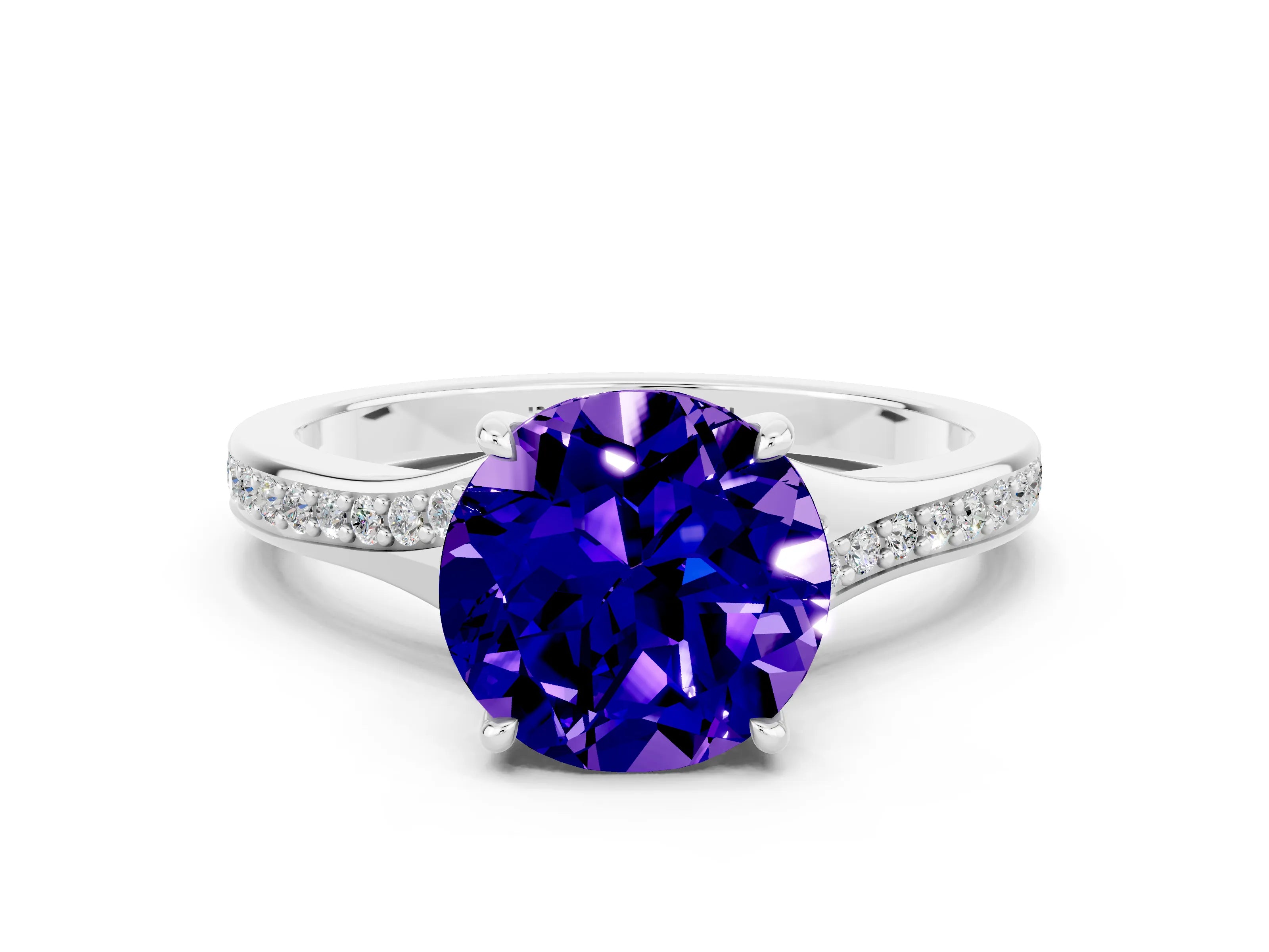 White gold Round Cut Tanzanite Solitaire Ring with Pavé Band and Prong Setting