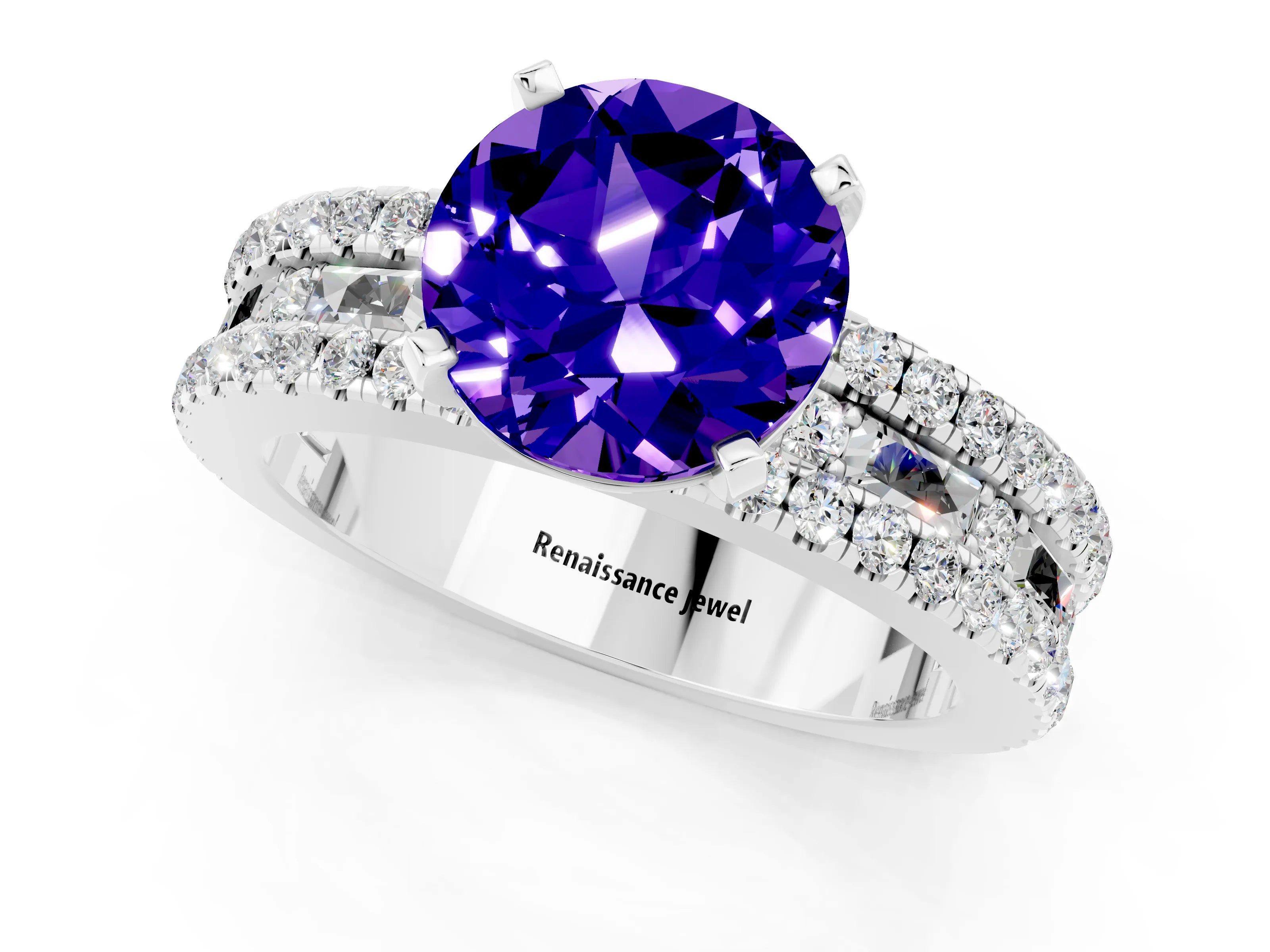 White gold Round Cut Tanzanite Solitaire Ring with Pavé and Channel Set Band_1
