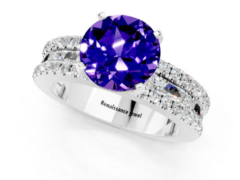 White gold Round Cut Tanzanite Solitaire Ring with Pavé and Channel Set Band_1