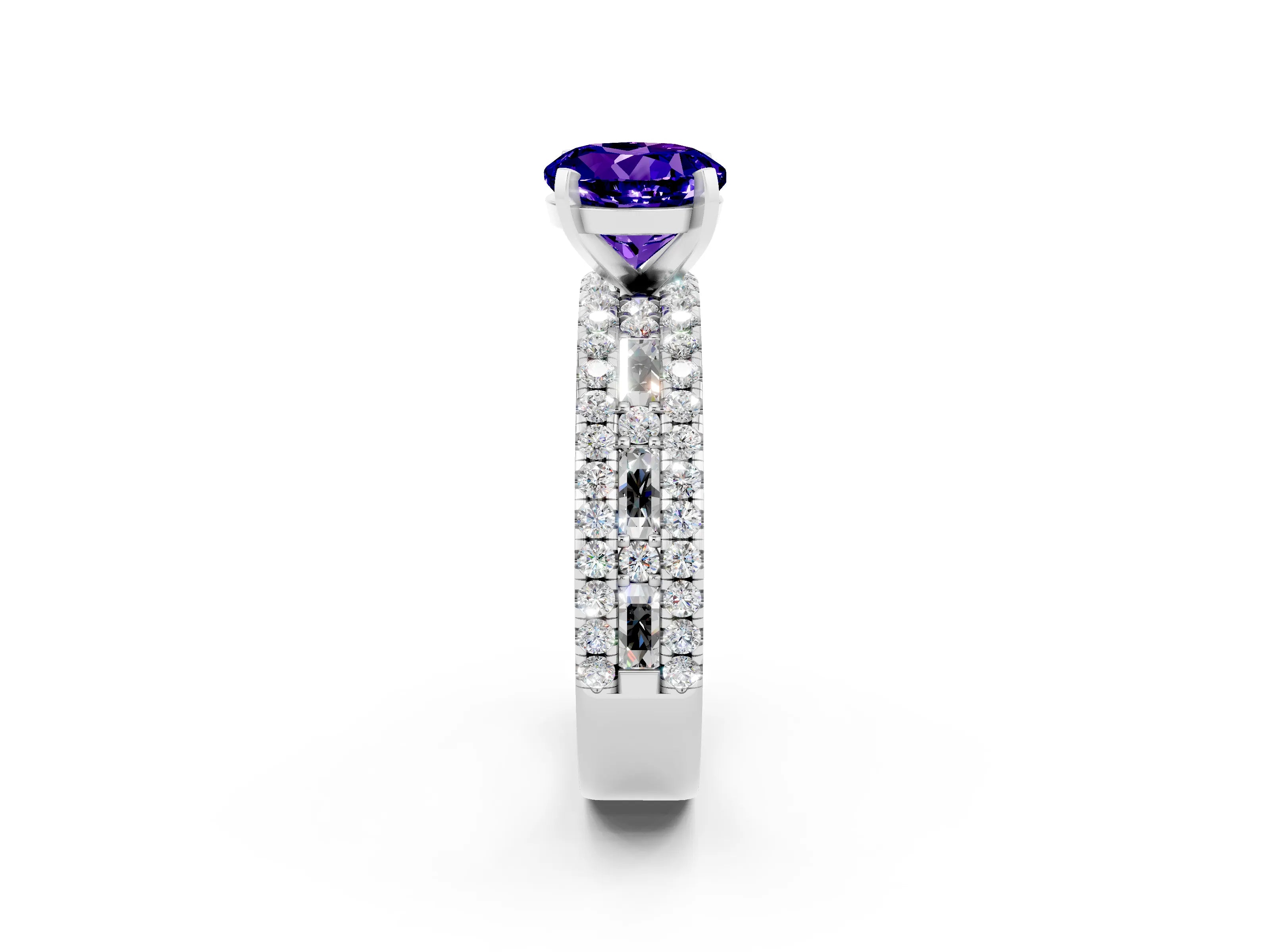 White gold Round Cut Tanzanite Solitaire Ring with Pavé and Channel Set Band_2