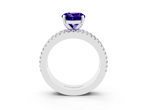 Platinum Round Cut Tanzanite Solitaire Ring with Pavé and Channel Set Band