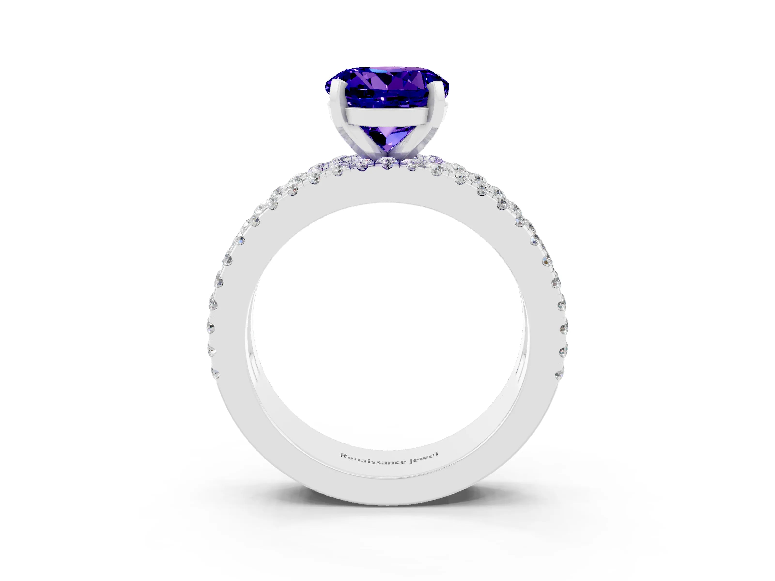 White gold Round Cut Tanzanite Solitaire Ring with Pavé and Channel Set Band_3