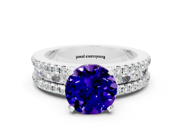 White gold Round Cut Tanzanite Solitaire Ring with Pavé and Channel Set Band