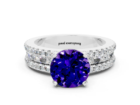 White gold Round Cut Tanzanite Solitaire Ring with Pavé and Channel Set Band