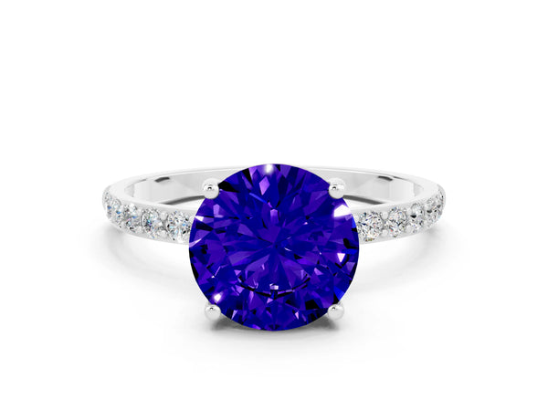 Platinum Round Cut Tanzanite Solitaire Ring with Round  Pavé Band and Prong Setting