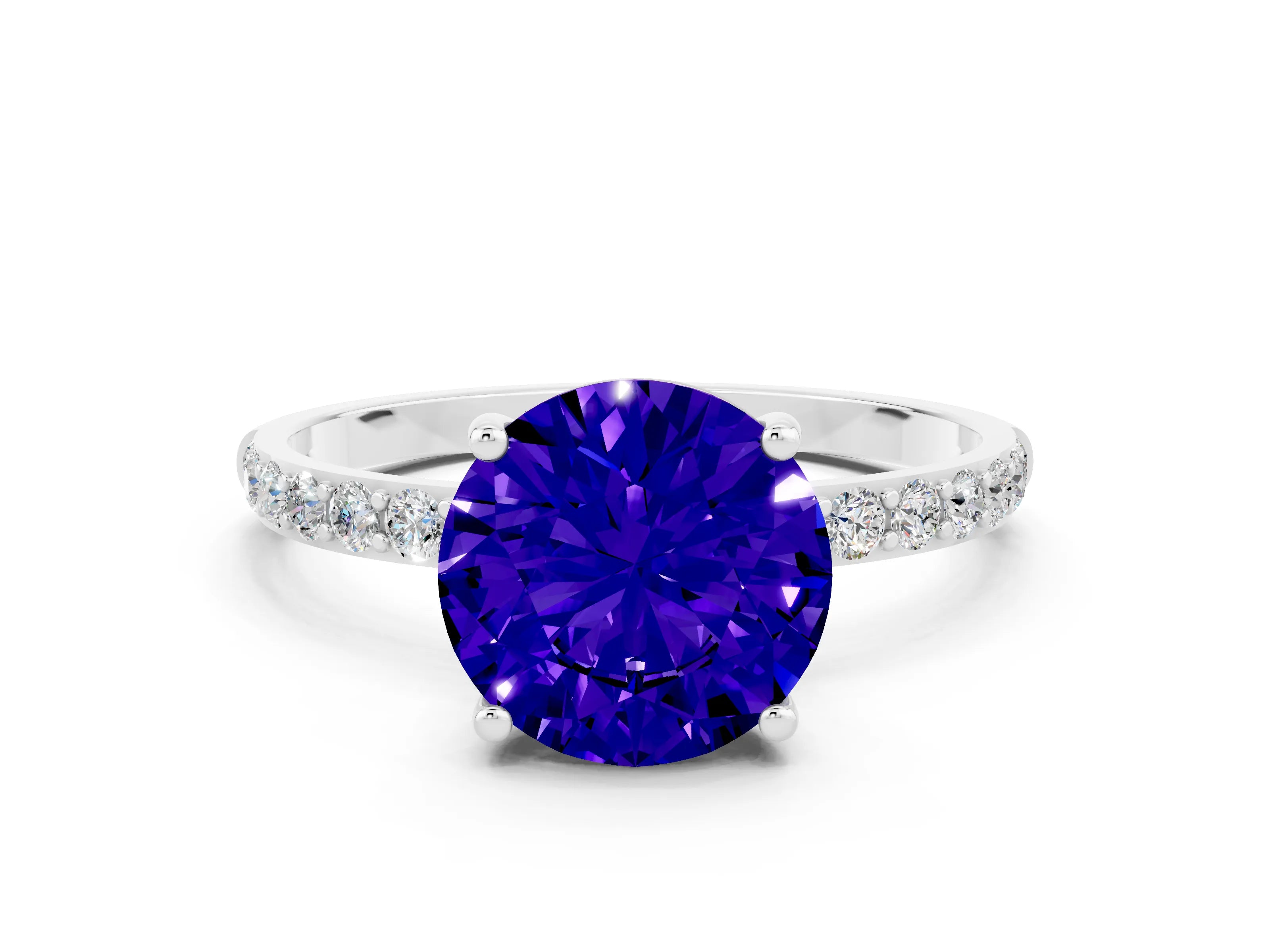 White gold Round Cut Tanzanite Solitaire Ring with Pave Band and Four Prong Setting_24