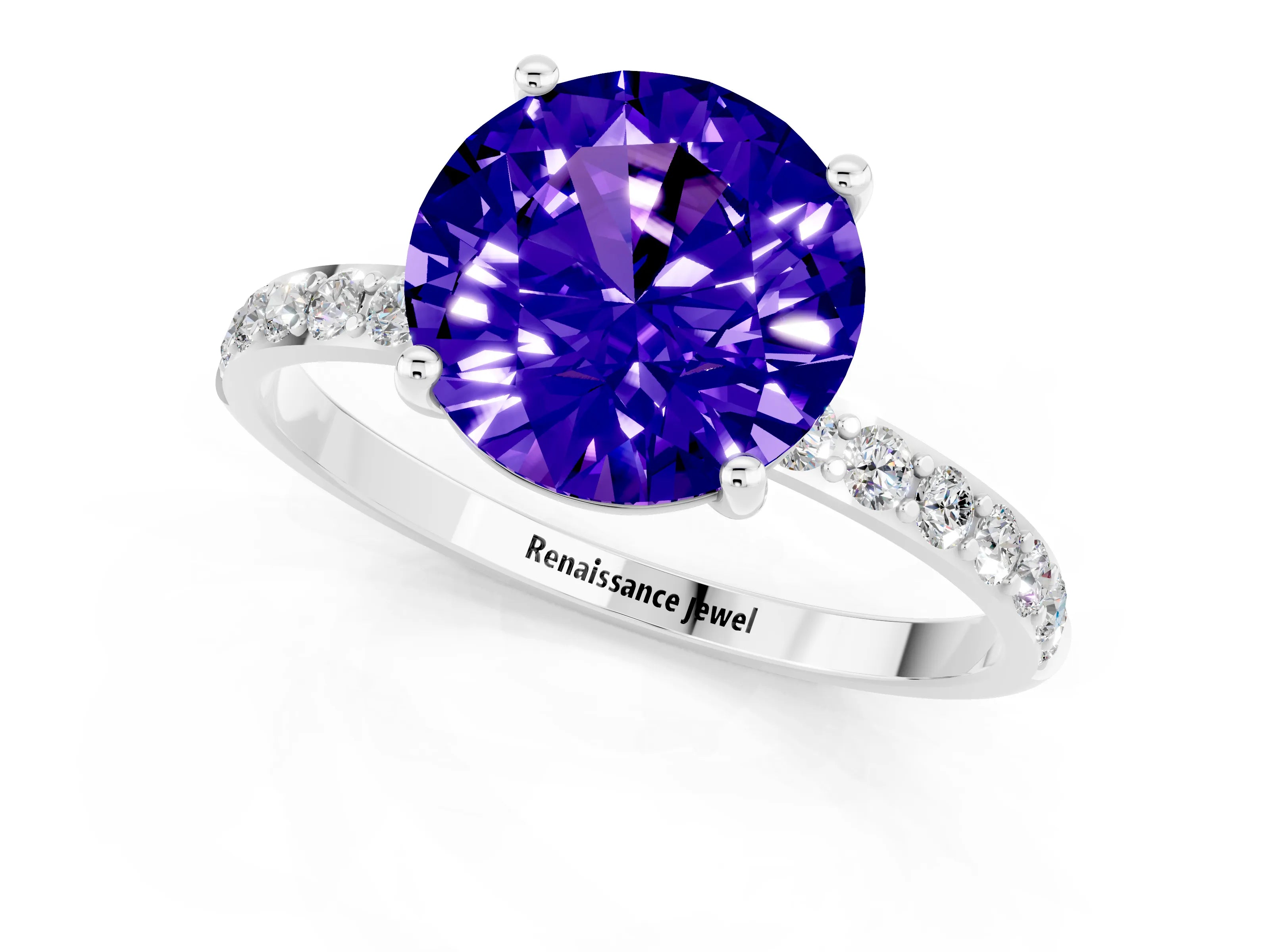 White gold Round Cut Tanzanite Solitaire Ring with Pave Band and Four Prong Setting_25