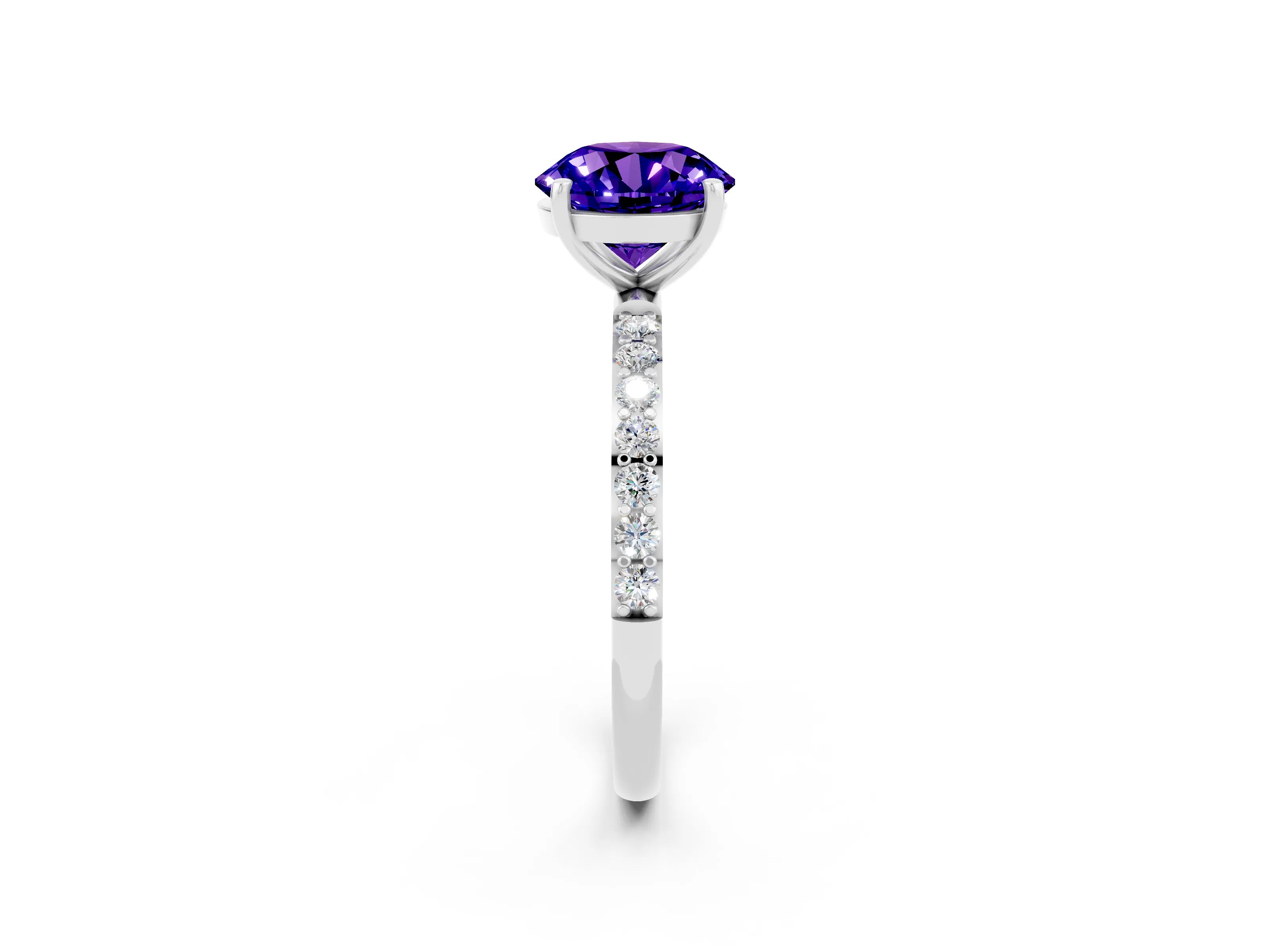 White gold Round Cut Tanzanite Solitaire Ring with Pave Band and Four Prong Setting_26