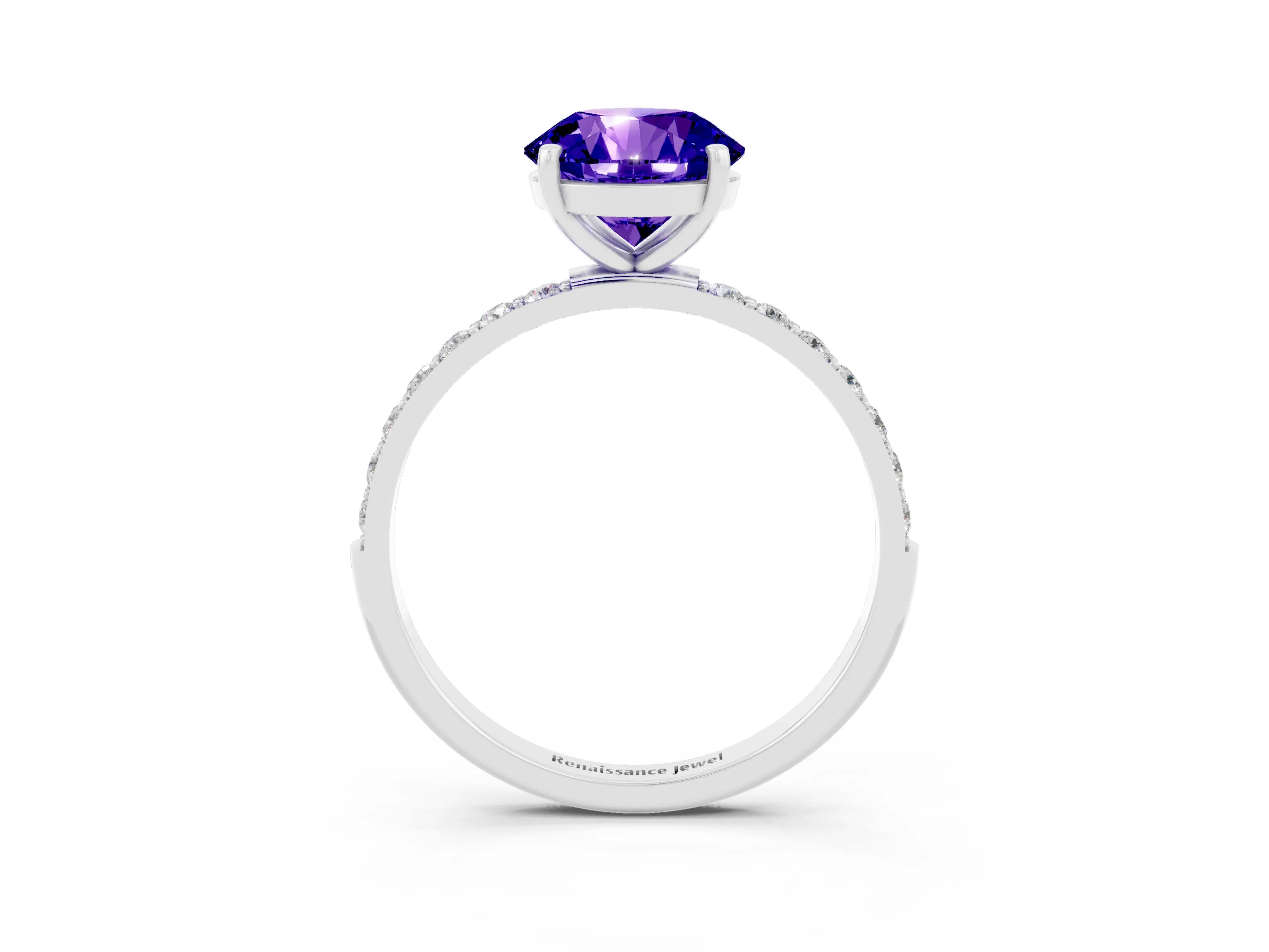 White gold Round Cut Tanzanite Solitaire Ring with Pave Band and Four Prong Setting_27
