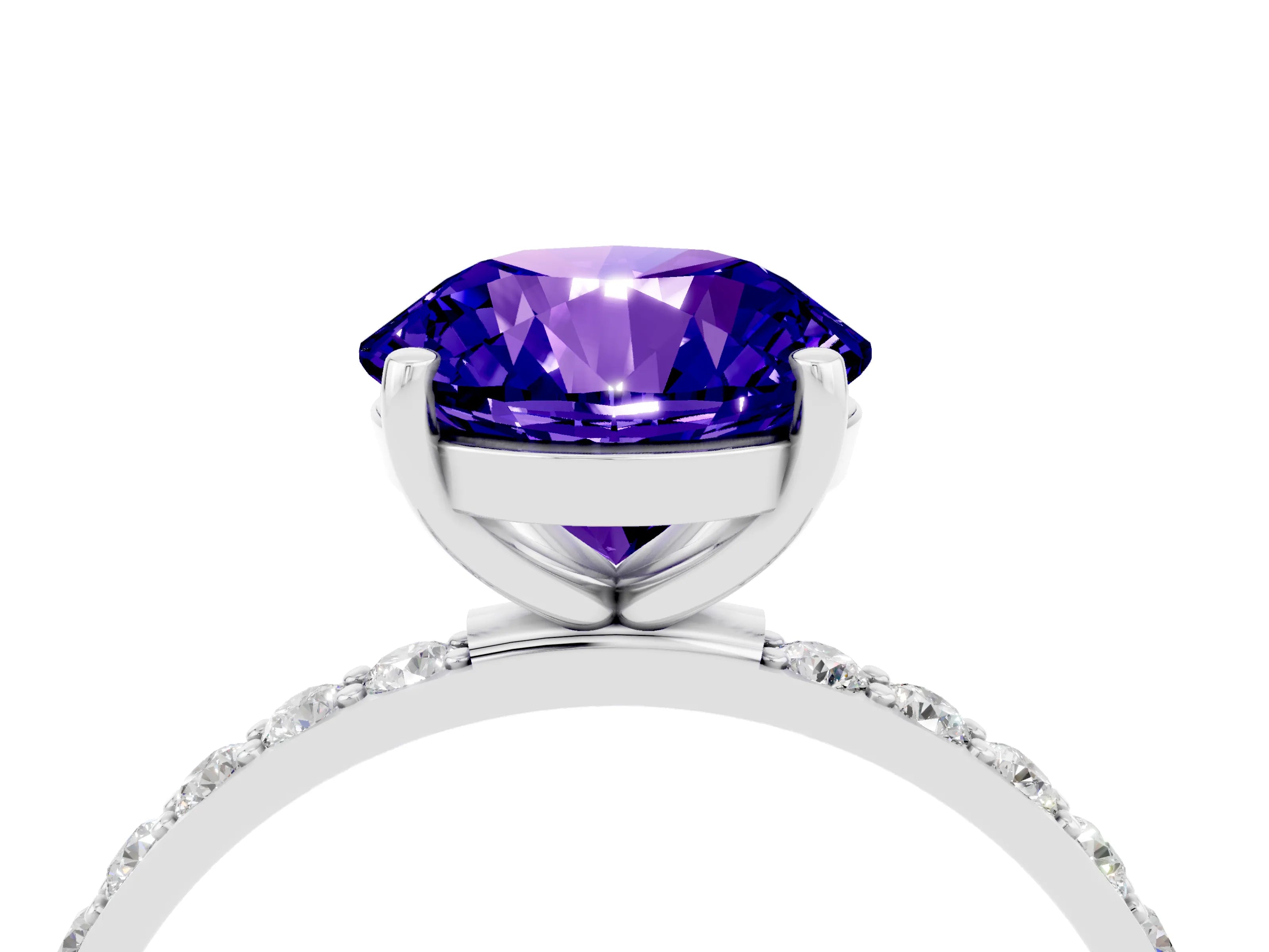 White gold Round Cut Tanzanite Solitaire Ring with Pave Band and Four Prong Setting_28