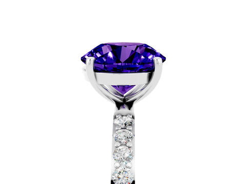 White gold Round Cut Tanzanite Solitaire Ring with Pave Band and Four Prong Setting_29