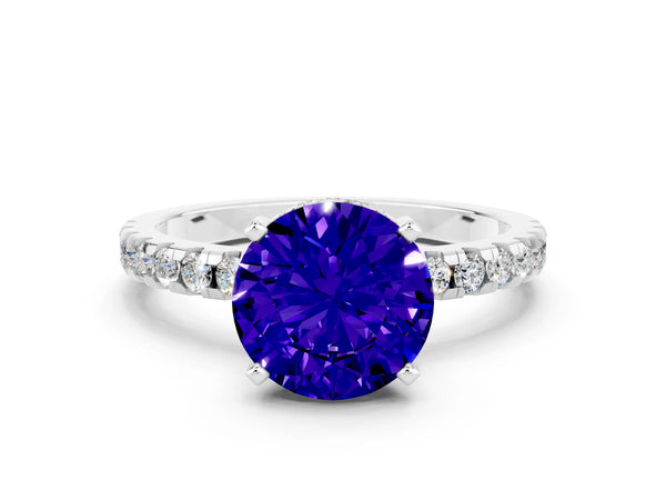 White gold Round Cut Tanzanite Solitaire Ring with Round  Pavé Band and Four-Prong Setting