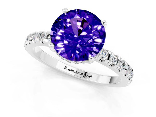 White gold Round Cut Tanzanite Solitaire Ring with Round  Pavé Band and Four-Prong Setting