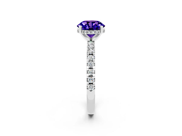 White gold Round Cut Tanzanite Solitaire Ring with Round  Pavé Band and Four-Prong Setting