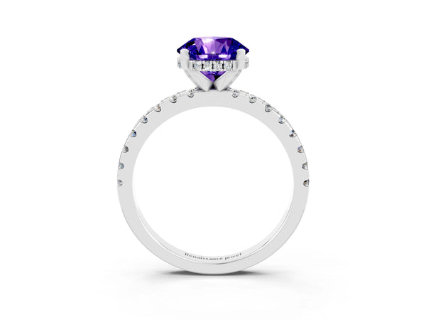 White gold Round Cut Tanzanite Solitaire Ring with Round  Pavé Band and Four-Prong Setting